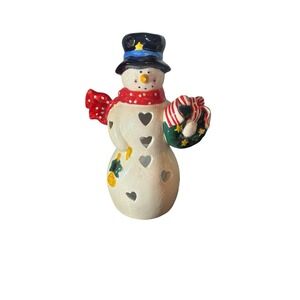 Hallmark Snowman Candle Holder Ceramic Tea Light Hearts Wreath Glittered Winter